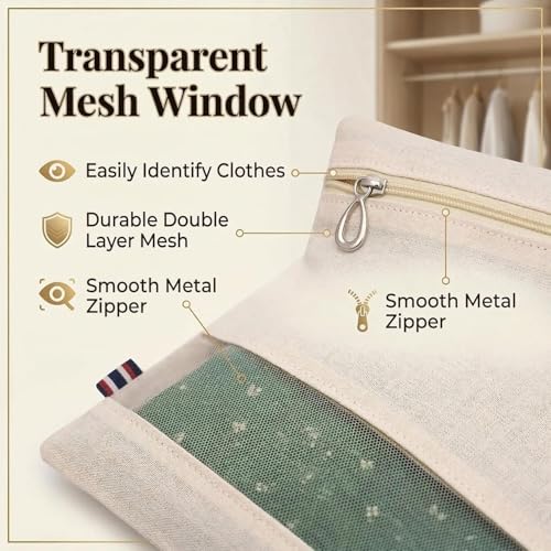 RNTR® Cotton Saree Bags/Covers For Storage Set Of - 12 Big Size Single (16 X 14 Inches) With Zip Closure For Clothes Bags And Wardrobe Organizer With Transparent Mesh Window, Beige - Image 5