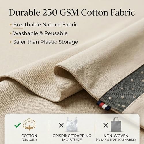 RNTR® Cotton Saree Bags/Covers For Storage Set Of - 12 Big Size Single (16 X 14 Inches) With Zip Closure For Clothes Bags And Wardrobe Organizer With Transparent Mesh Window, Beige - Image 4