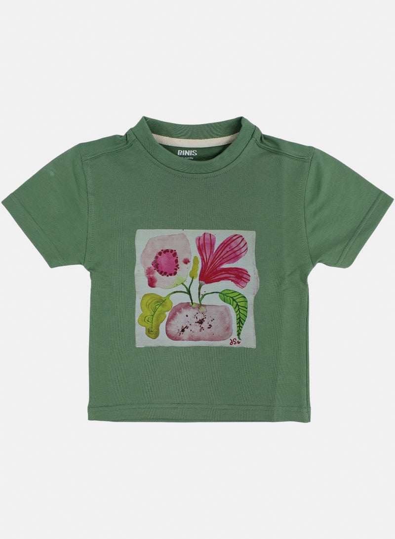 Baby Girls Cotton T-Shirt – Olive with Pot-Green Print