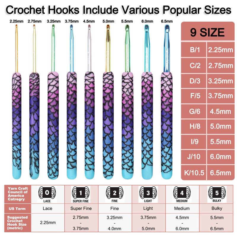 Coopay Warm Crochet Hooks, 9 Sizes 2.25 to 6.5mm Ergonomic Mermaid Extra Long Crochet Needles for Arthritic Crocheting Yarn Craft Set, Ideal Gift - Image 5