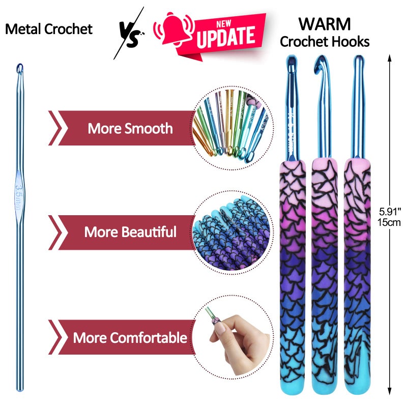 Coopay Warm Crochet Hooks, 9 Sizes 2.25 to 6.5mm Ergonomic Mermaid Extra Long Crochet Needles for Arthritic Crocheting Yarn Craft Set, Ideal Gift - Image 4