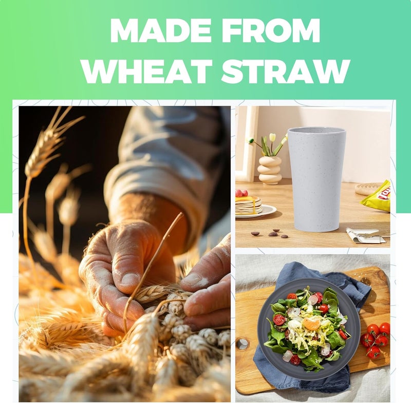 Klickpick Home 32 Pieces wheatstraw Dinnerware Set with 8 Each of Dinner Plates Desert Plates Cereal Salad Bowls Cups Unbreakable Modern Dinner Set for Microwave Dishwasher Safe Reusable Grey stone - Image 2
