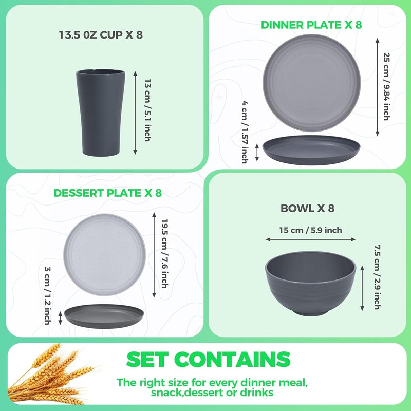 Klickpick Home 32 Pieces wheatstraw Dinnerware Set with 8 Each of Dinner Plates Desert Plates Cereal Salad Bowls Cups Unbreakable Modern Dinner Set for Microwave Dishwasher Safe Reusable Grey stone - Image 3