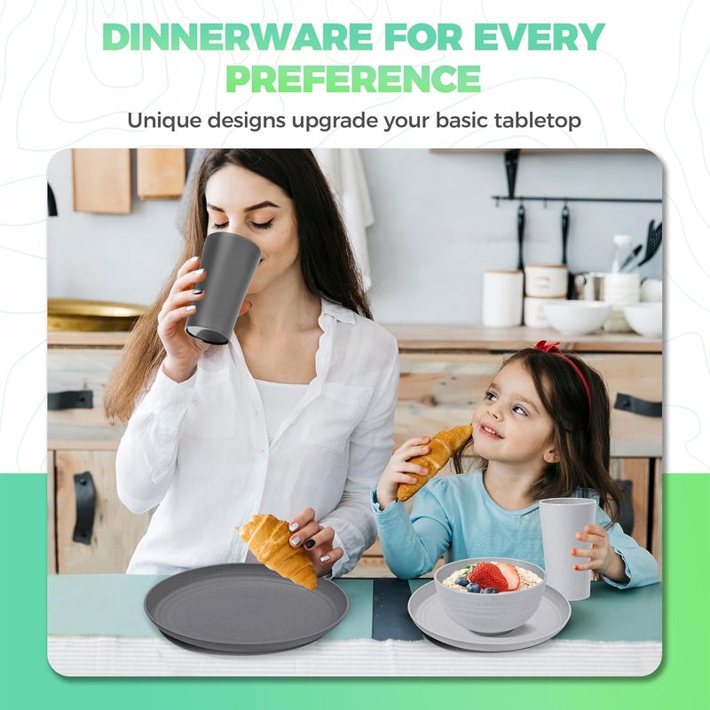 Klickpick Home 32 Pieces wheatstraw Dinnerware Set with 8 Each of Dinner Plates Desert Plates Cereal Salad Bowls Cups Unbreakable Modern Dinner Set for Microwave Dishwasher Safe Reusable Grey stone - Image 5