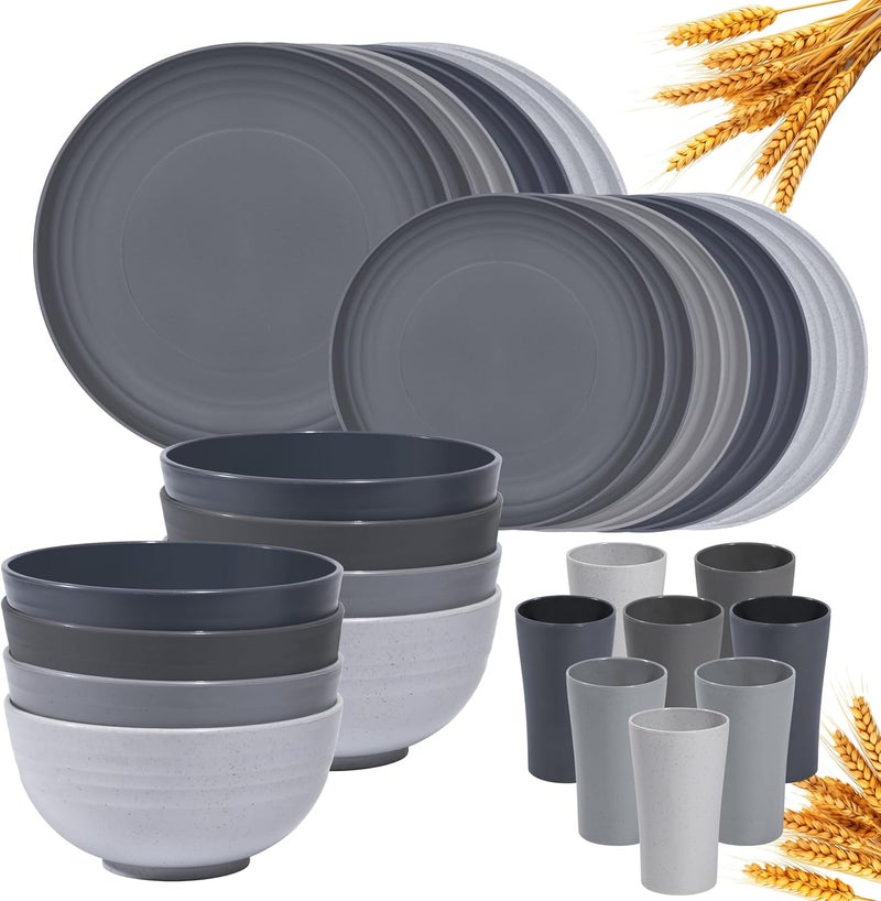 Klickpick Home 32 Pieces wheatstraw Dinnerware Set with 8 Each of Dinner Plates Desert Plates Cereal Salad Bowls Cups Unbreakable Modern Dinner Set for Microwave Dishwasher Safe Reusable Grey stone - Image 1