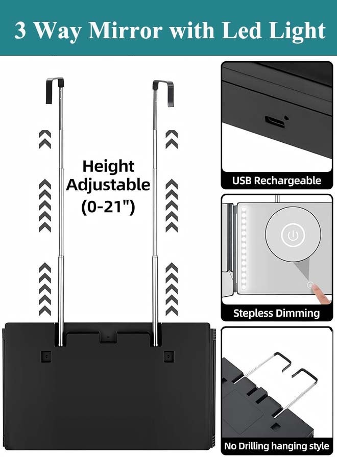 ثمانية فيبيهاوس مرآة تجميل ثلاثية الاتجاهات مزودة بإضاءة LED، مرآة حلاقة ذاتية القطع بزاوية 360 درجة، مع خطاف تلسكوبي قابل لتعديل الارتفاع، ومرآة حلاقة لقص الشعر، وتصفيفه، والحلاقة، والعناية الشخصية، وتلوين الشعر، والمكياج مرايا مكياج مرايا تجميل - Image 4