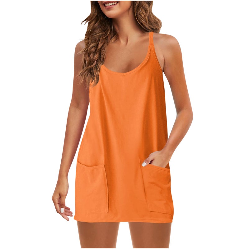 2024 Amazon Hot Sale Women Solid Color Fashion Casual Double Pocket Shorts Knit Two Piece Dress Orange