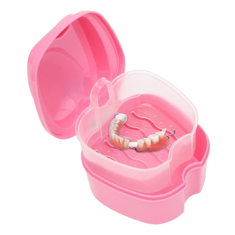 Coolrunner Denture Case, Denture Cup with Strainer, Denture Bath Box False Teeth Storage Box with Basket Net Container Holder for Travel, Retainer Cleaning(Pink） - Image 1