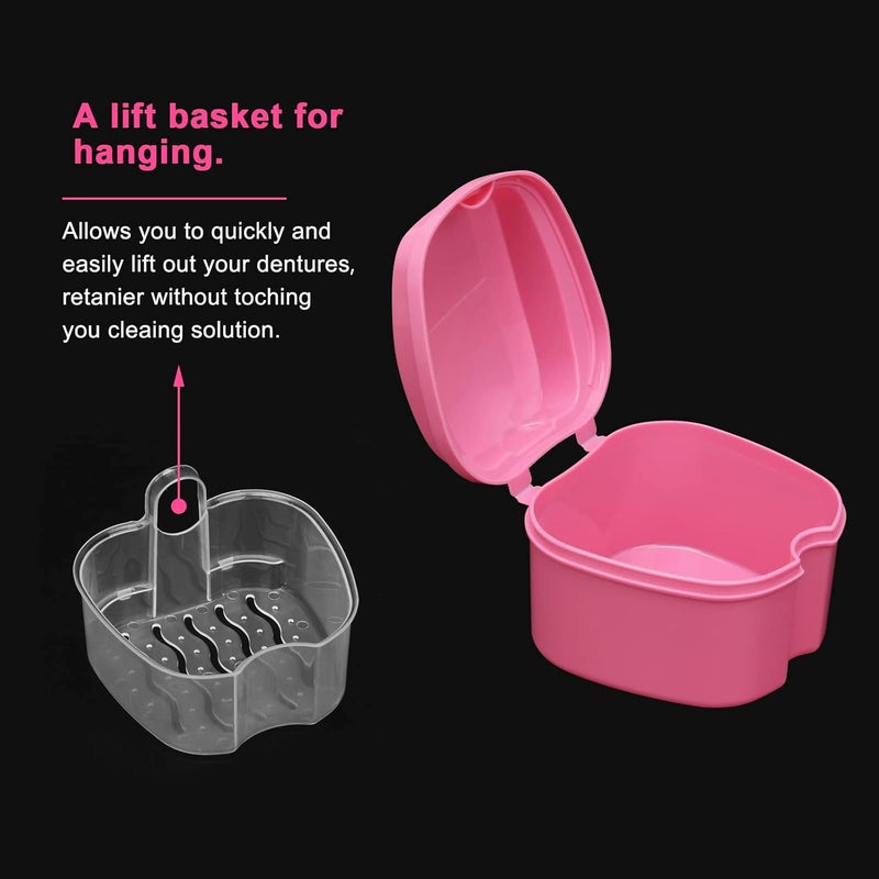 Coolrunner Denture Case, Denture Cup with Strainer, Denture Bath Box False Teeth Storage Box with Basket Net Container Holder for Travel, Retainer Cleaning(Pink） - Image 3