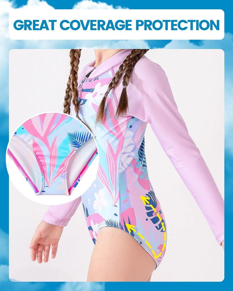BLUEJW Girls Long Sleeve Swimsuits One Piece Rash Guard Bathing Suit UPF 50+ for Toddler Kids Zipper Swimwear Size2-10T - Image 3