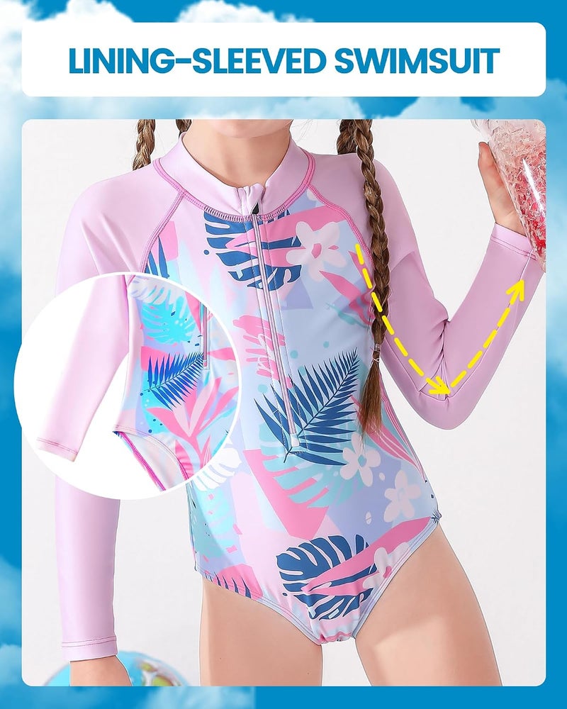 BLUEJW Girls Long Sleeve Swimsuits One Piece Rash Guard Bathing Suit UPF 50+ for Toddler Kids Zipper Swimwear Size2-10T - Image 2