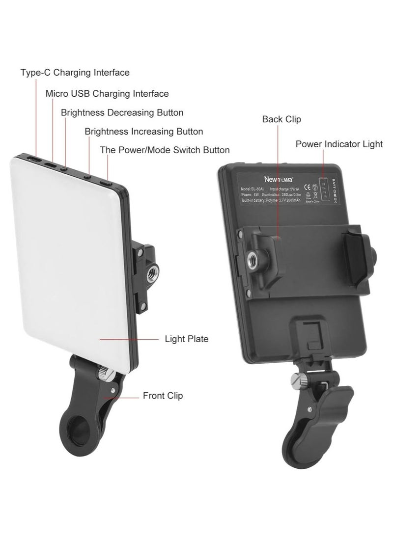 Newmowa - Newmowa 60 LED High Power Rechargeable Clip Fill Video Light with Front & Back Clip, Adjusted 3 Light Modes for Phone, iPhone, Android, iPad, Laptop, for Makeup, Selfie, Vlog, Video Conference - Image 1
