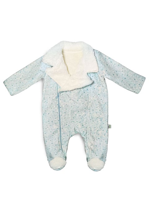 Baby jumpsuit with a collar, lined with fur on the inside, and a side zipper
