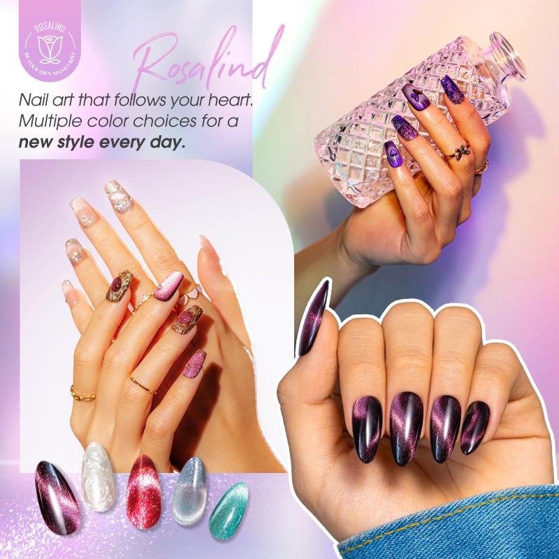 ROSALIND Cateye Gel Polish, 8 Colors Holographic Magnetic Cat Eye Gel Nail Polish Set with Magnet, Red Blue Purple Black Gel Polish Galaxy Collection Nail Art Gift DIY at Home - Image 4