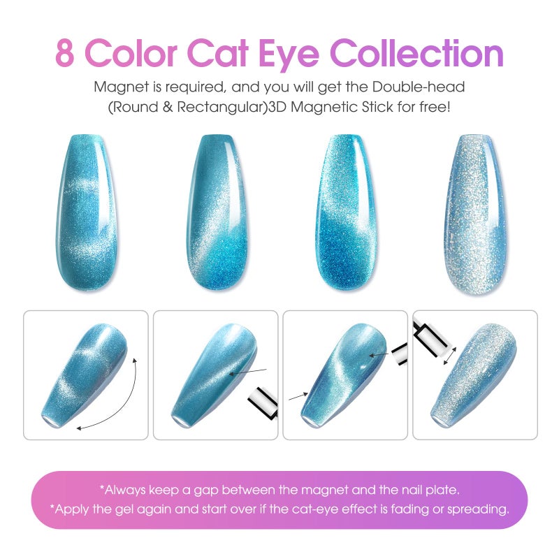 ROSALIND Cateye Gel Polish, 8 Colors Holographic Magnetic Cat Eye Gel Nail Polish Set with Magnet, Red Blue Purple Black Gel Polish Galaxy Collection Nail Art Gift DIY at Home - Image 2