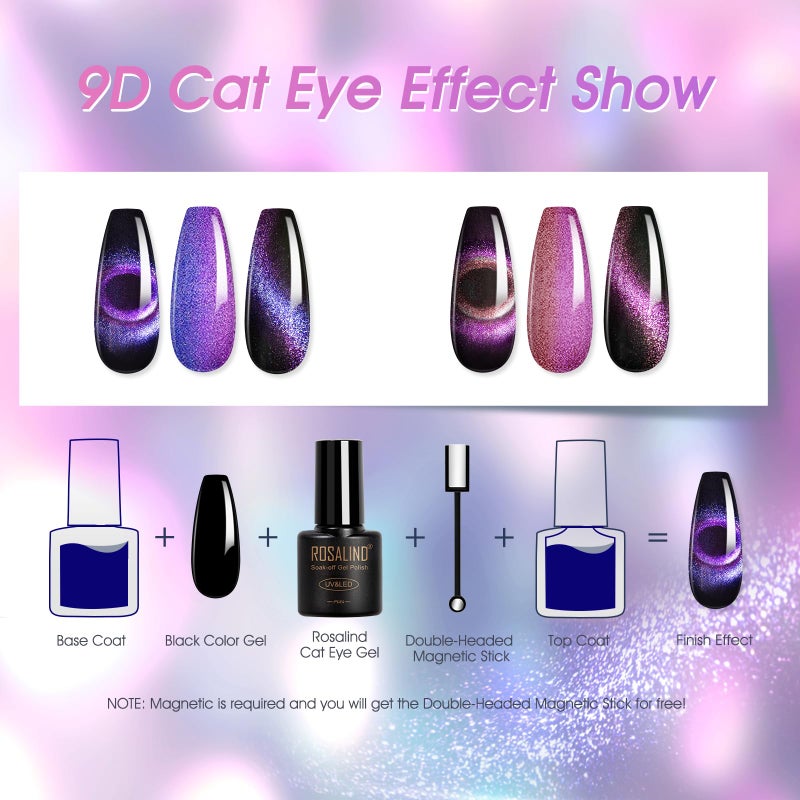 ROSALIND Cateye Gel Polish, 8 Colors Holographic Magnetic Cat Eye Gel Nail Polish Set with Magnet, Red Blue Purple Black Gel Polish Galaxy Collection Nail Art Gift DIY at Home - Image 3