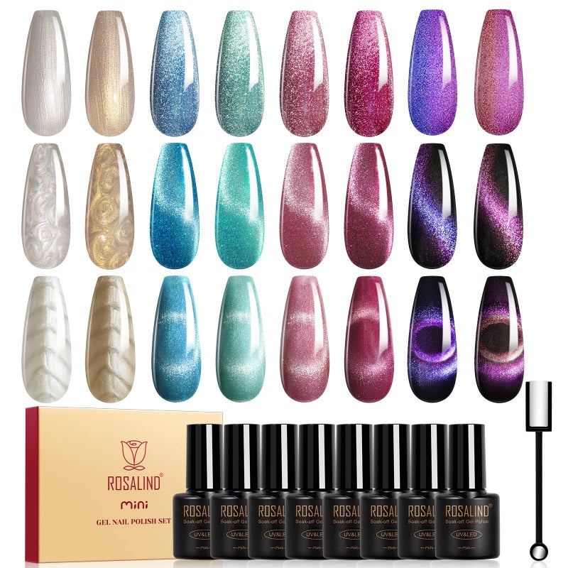 ROSALIND Cateye Gel Polish, 8 Colors Holographic Magnetic Cat Eye Gel Nail Polish Set with Magnet, Red Blue Purple Black Gel Polish Galaxy Collection Nail Art Gift DIY at Home - Image 1