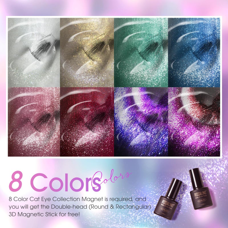 ROSALIND Cateye Gel Polish, 8 Colors Holographic Magnetic Cat Eye Gel Nail Polish Set with Magnet, Red Blue Purple Black Gel Polish Galaxy Collection Nail Art Gift DIY at Home - Image 5