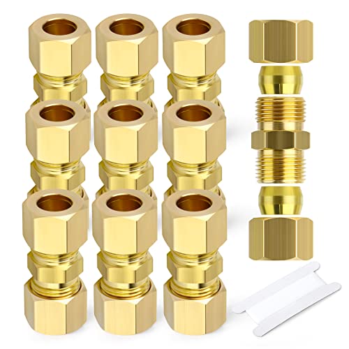 GASHER 10PCS Brass Compression Tube Pipe Fitting Connector, 1/4" Tube OD x 1/4" Tube OD Connector - Image 1