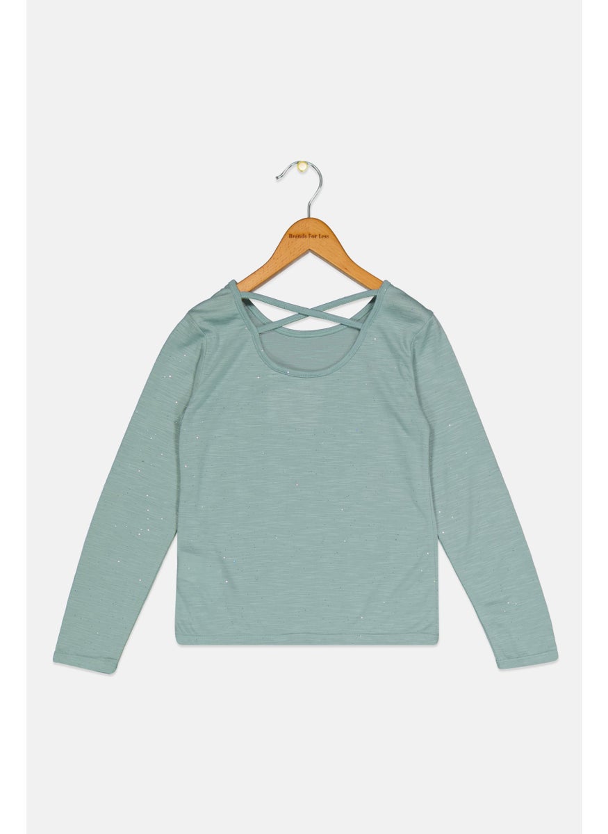 Cool Club Kids Girl Round Neck Long Sleeve Textured Top, Sage Green  - Image 2