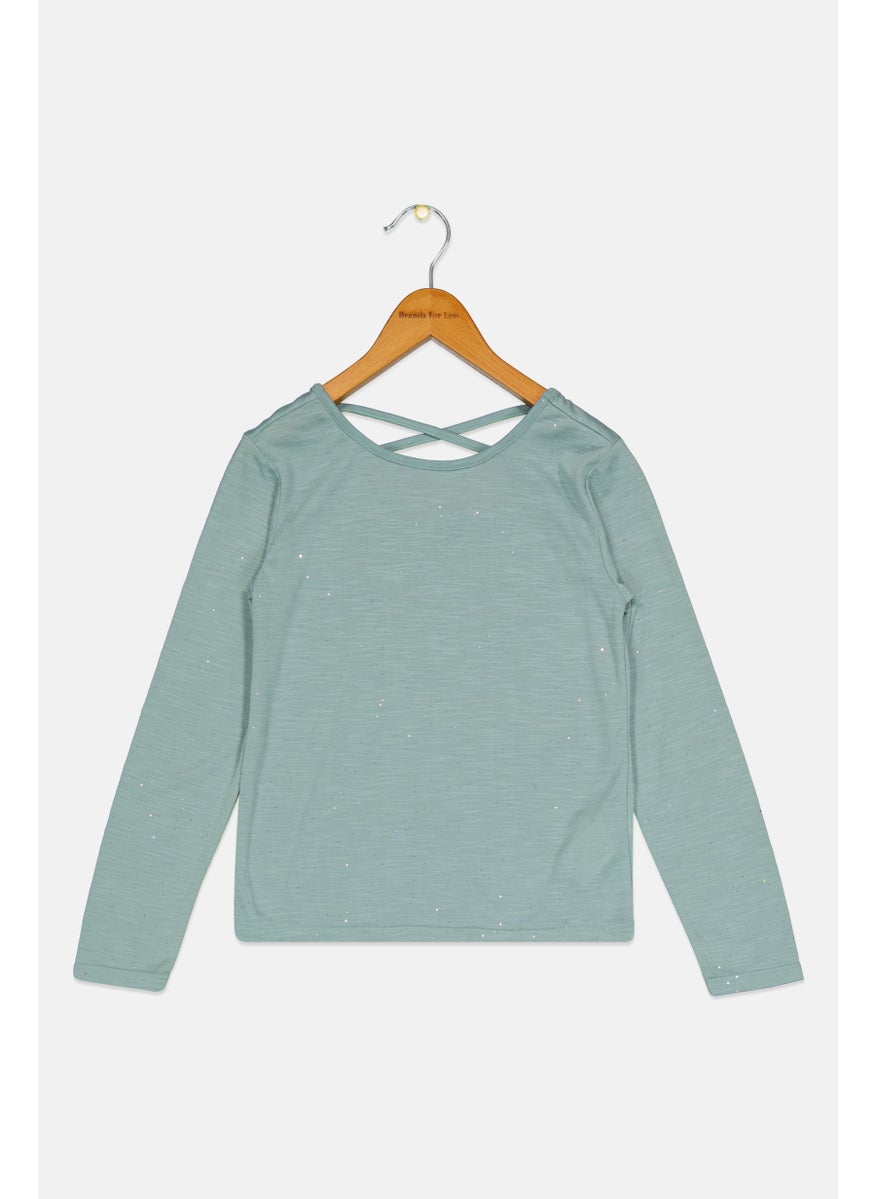 Cool Club Kids Girl Round Neck Long Sleeve Textured Top, Sage Green  - Image 1