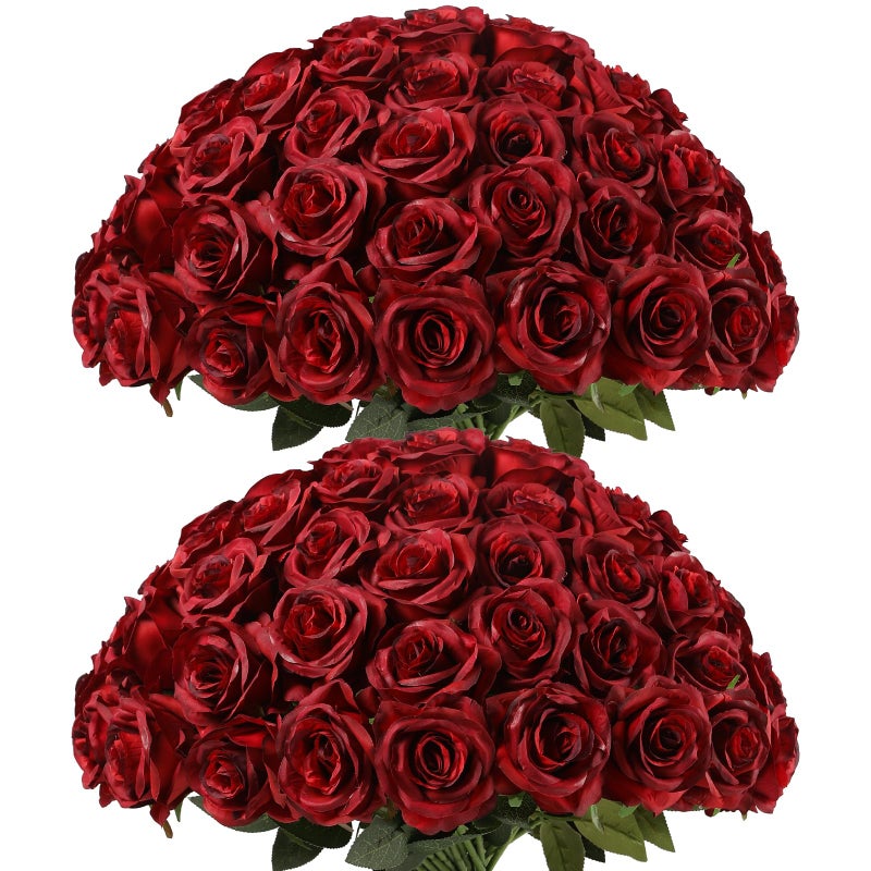 Kisflower 60pcs Artificial Silk Roses Bulk(Burgundy) - Image 1