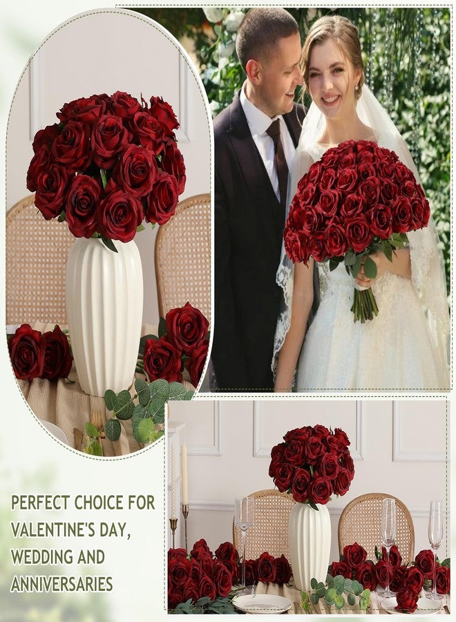 Kisflower 60pcs Artificial Silk Roses Bulk(Burgundy) - Image 3