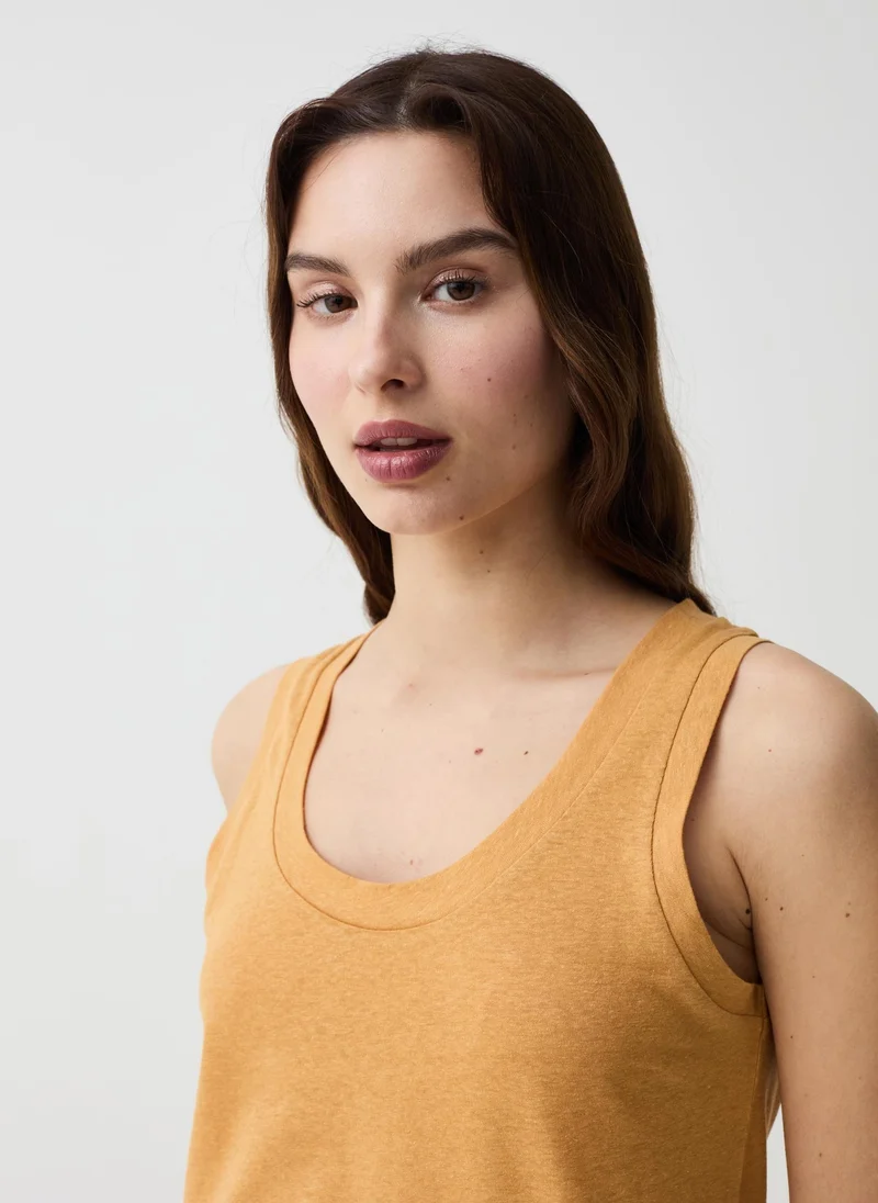OVS Cotton And Linen Tank Top With Round Neck