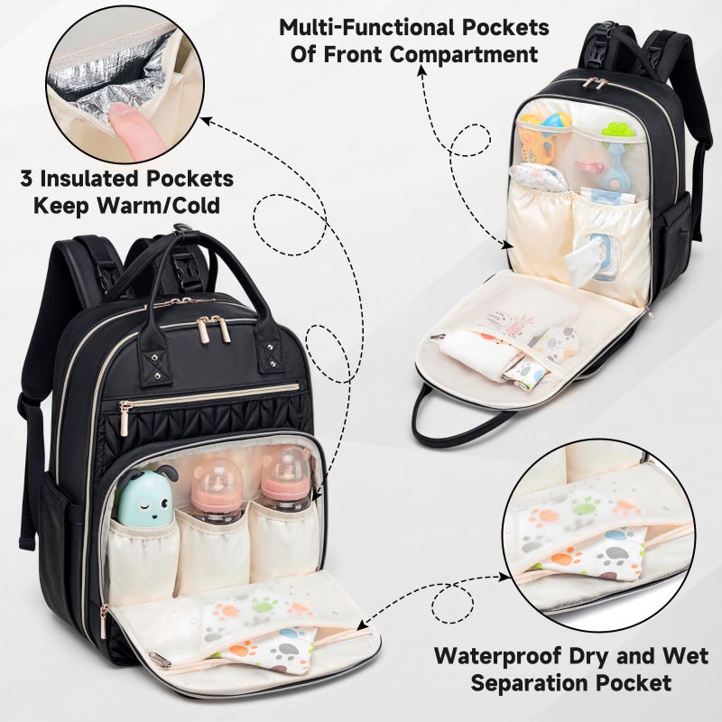 Tealari Diaper Bag Backpack,Stylish Baby Diaper Bag,Waterproof Travel Diaper Backpacks Baby Bags with Changing Pad,Stroller Straps,Insulated Pockets (Black) - Image 3