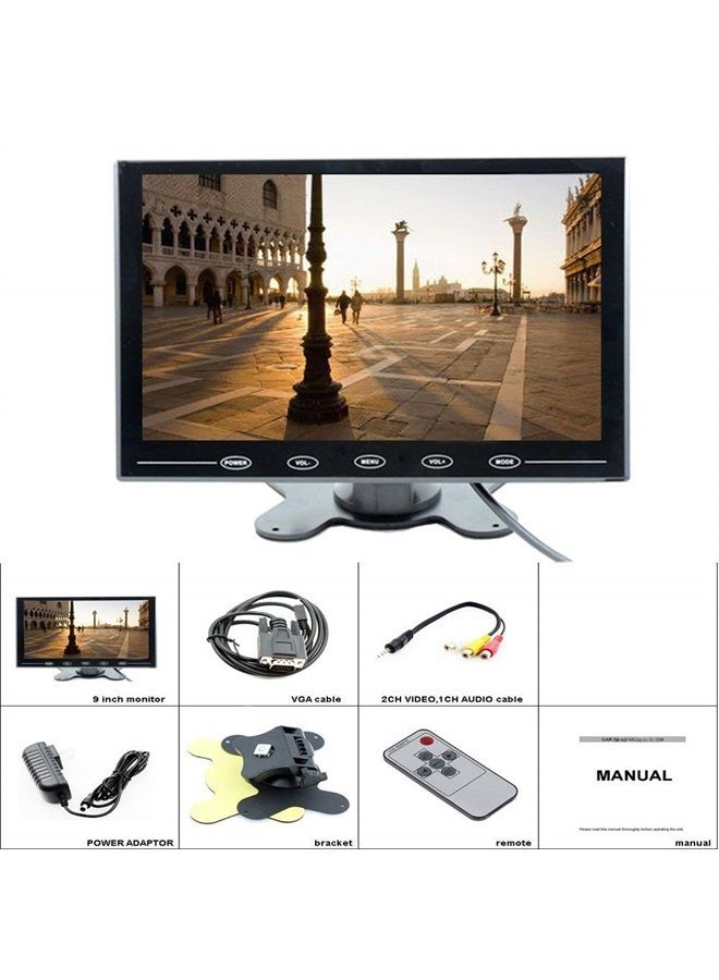 Camecho شاشة LCD مقاس 9 بوصة عالية الدقة، شاشة ملونة، مدخلين فيديو/HDMI/VGA، تدعم النسخ الاحتياطي للسيارة، عرض للكمبيوتر المصغر، CCTV، أمان المنزل، مع جهاز تحكم عن بعد - Image 5