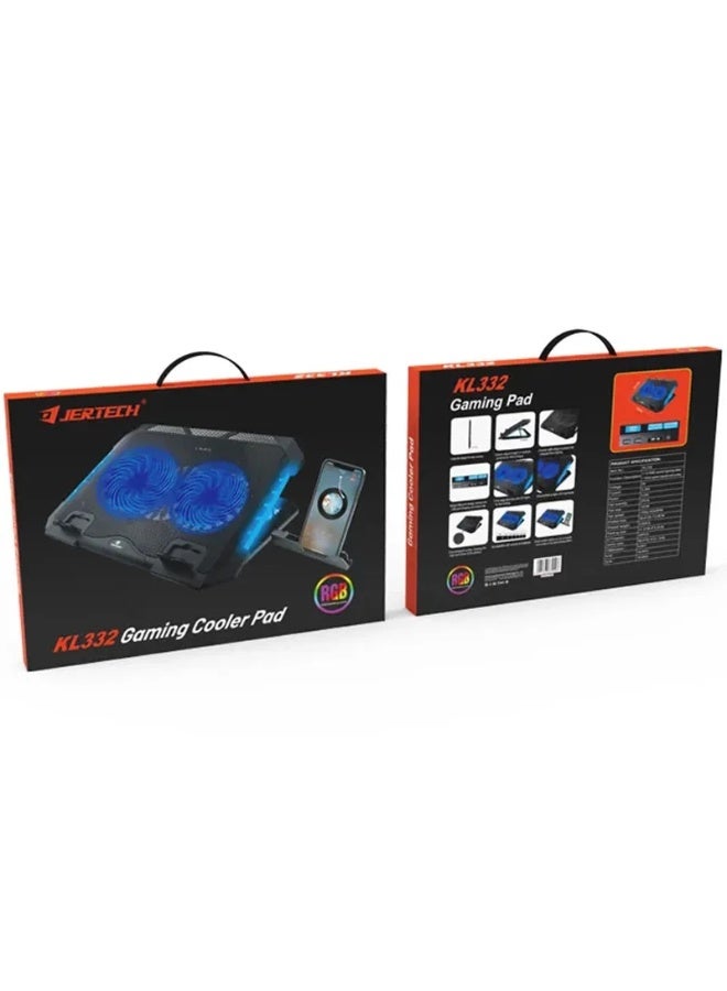 جيرتك KL332 لوحة تبريد لأجهزة الكمبيوتر المحمولة للألعاب مع حامل متحرك - مروحتان LED زرقاء - أضواء جانبية RGB - منفذان USB للتحكم في السرعة - تدعم من 12 إلى 18 بوصة - Image 4