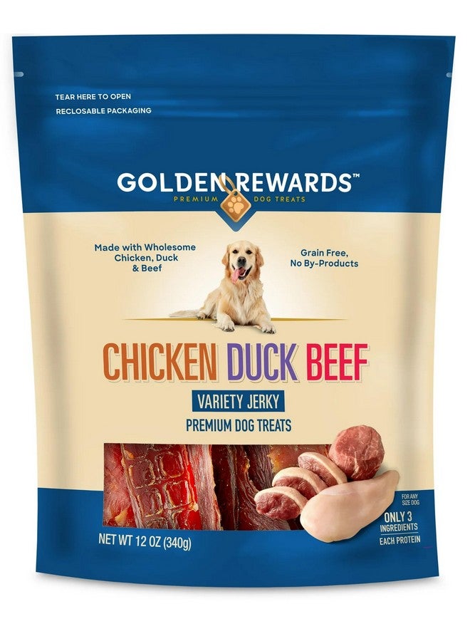 جولدن|ريووردز، وجبات خفيفة متنوعة من لحم الدجاج والبط ولحم البقر المجفف للكلاب، كيس 12 أونصة، مصنوعة من دجاج وبط ولحم بقري حقيقي، خالية من الحبوب، وجبات خفيفة فاخرة عالية البروتين للكلاب، مثالية للكلاب - Image 1