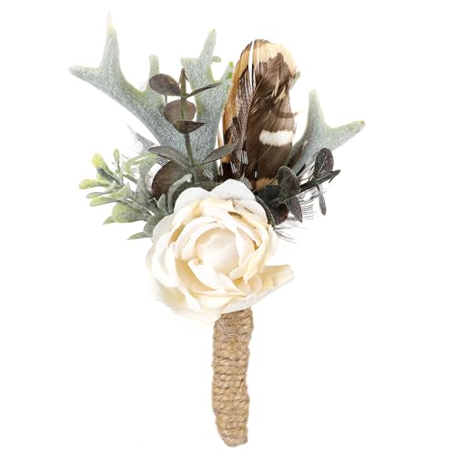 PartyforU Rose Boutonniere for Men - Prom Boutonniere for Wedding Feather Rustic Boutonnieres for Groom Boho Corsage for Groomsmen Anniversary Formal Dinner Party Ceremony Celebration - Image 1
