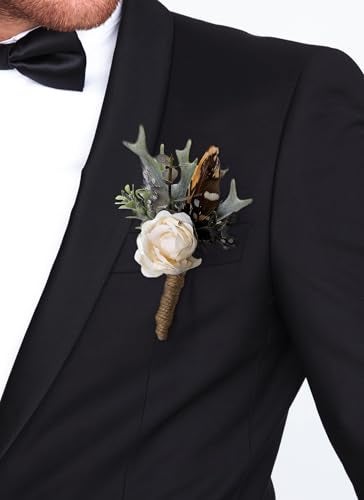 PartyforU Rose Boutonniere for Men - Prom Boutonniere for Wedding Feather Rustic Boutonnieres for Groom Boho Corsage for Groomsmen Anniversary Formal Dinner Party Ceremony Celebration - Image 3