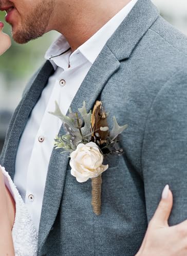PartyforU Rose Boutonniere for Men - Prom Boutonniere for Wedding Feather Rustic Boutonnieres for Groom Boho Corsage for Groomsmen Anniversary Formal Dinner Party Ceremony Celebration - Image 2