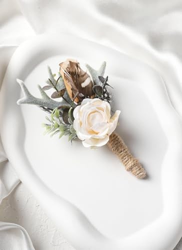 PartyforU Rose Boutonniere for Men - Prom Boutonniere for Wedding Feather Rustic Boutonnieres for Groom Boho Corsage for Groomsmen Anniversary Formal Dinner Party Ceremony Celebration - Image 4