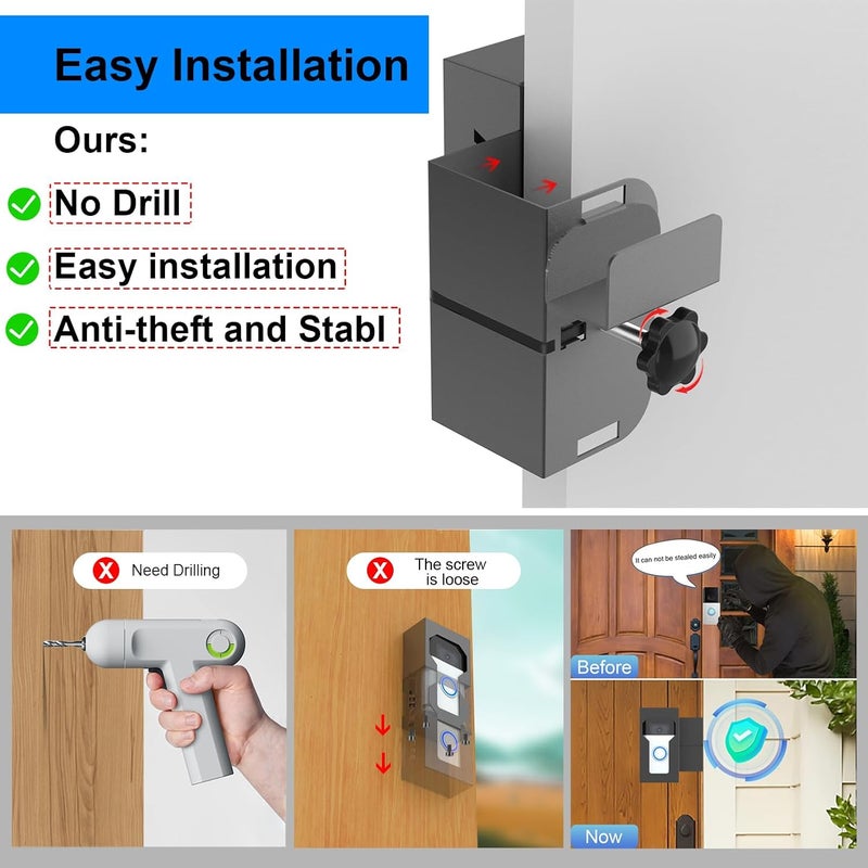 MIIGII Anti-Theft Doorbell Mount for Ring Doorbell 4/3/ 3 Plus/ 2/1, No Drill Adjustable Video Doorbell Cover Holder for Home Apartment Office Room, Waterproof Stainless Steel Aluminum Made (Black-Upgraded) - Image 5