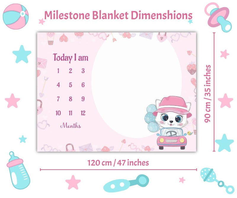 Hoolloomooloo Hoolloomooloo Baby Monthly Milestone Blanket | Cute Kitty Road Trip Design | 1-12 Months | Soft Blanket | Includes Golden Ring & 15 Milestone Cards | Growth Tracker & Photoshoot Prop | 120x90 cm  - Image 3