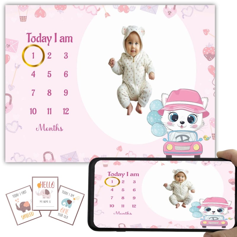 Hoolloomooloo Hoolloomooloo Baby Monthly Milestone Blanket | Cute Kitty Road Trip Design | 1-12 Months | Soft Blanket | Includes Golden Ring & 15 Milestone Cards | Growth Tracker & Photoshoot Prop | 120x90 cm  - Image 1
