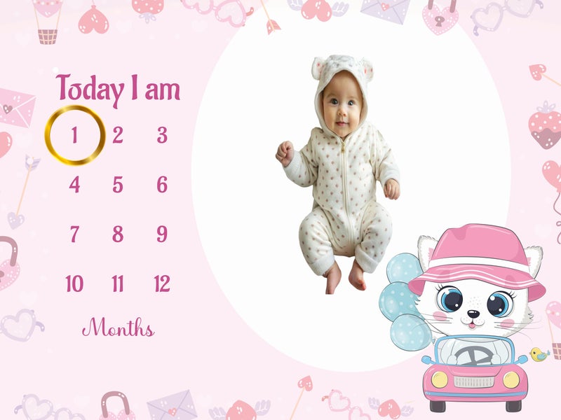 Hoolloomooloo Hoolloomooloo Baby Monthly Milestone Blanket | Cute Kitty Road Trip Design | 1-12 Months | Soft Blanket | Includes Golden Ring & 15 Milestone Cards | Growth Tracker & Photoshoot Prop | 120x90 cm  - Image 2