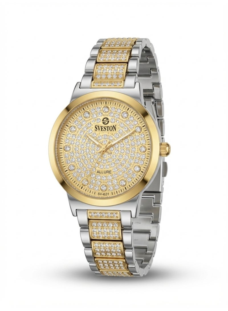 Sveston Allure SV-821 Luxury Watch | Full Crystal-Encrusted Dial | Two-Tone Silver & Gold Stainless Steel Bracelet with Iced-Out Links | Premium Quartz Dress Watch