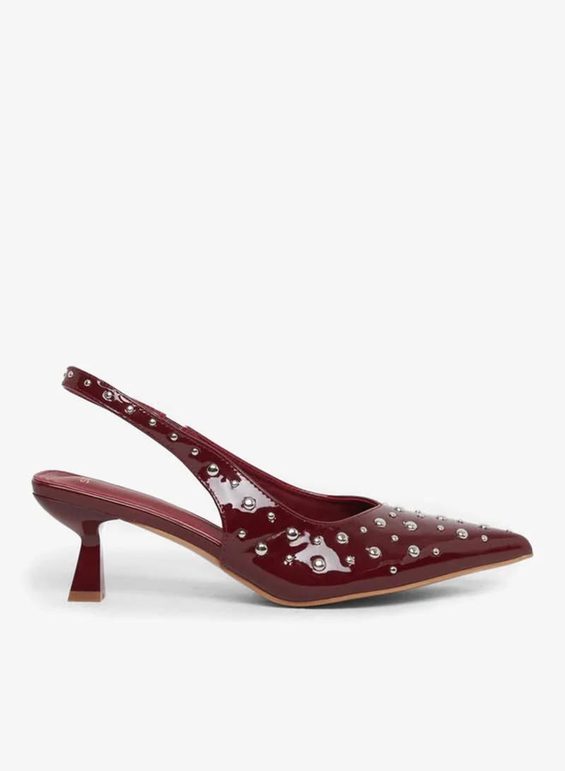 Burgundy Studded Slingback Kitten Heels Shoes