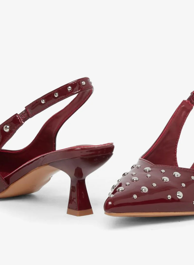 Styli Burgundy Burgundy Studded Slingback Kitten Heels Shoes for Women | Best Price UAE