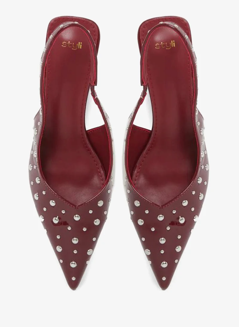 Styli Burgundy Burgundy Studded Slingback Kitten Heels Shoes for Women | Best Price UAE