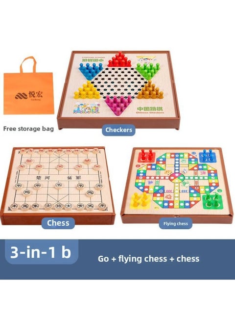 Multi-functional One Chessboard Flying Chess Checkers Backgammon Go Card Beasts Chess Children's Toys Foreign Trade-Color:Three-in-one [large Size] Checkers + Flying Chess + Chess