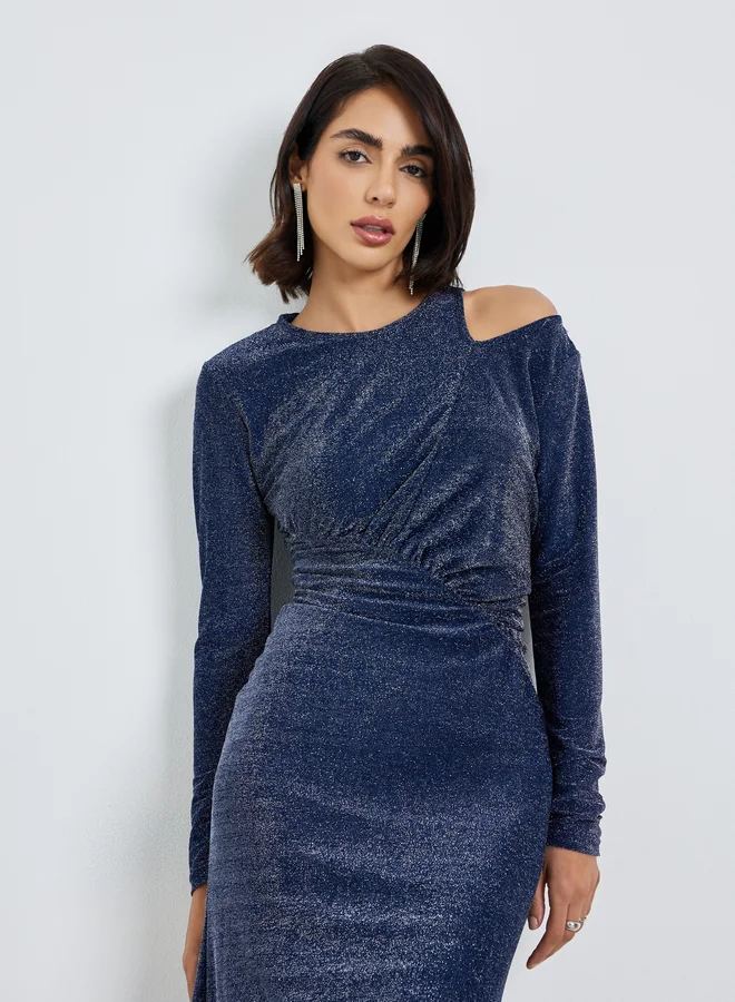 Styli Navy Blue Cut-Out Detail Shimmer Look Blue Maxi Dress
