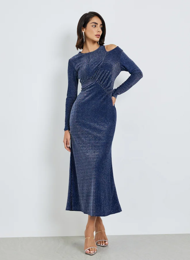 Styli Navy Blue Cut-Out Detail Shimmer Look Blue Maxi Dress