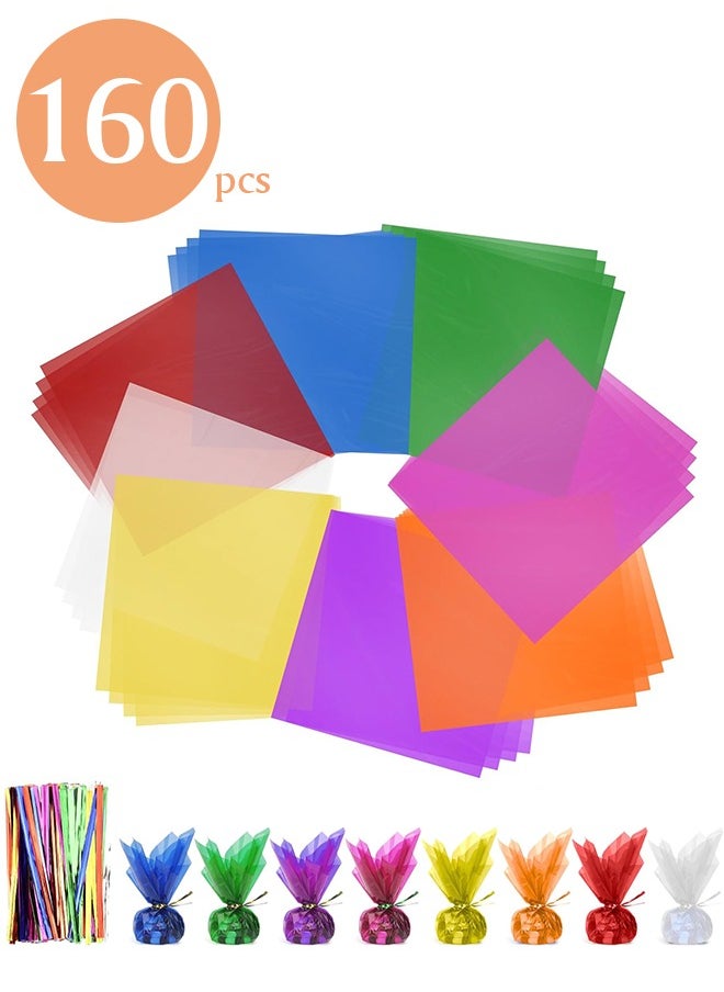 Lemon 160Pcs Cellophane Wrap, with 160 Pcs Metallic Twist Ties, 8 Multi-Colors Colored Cellophane, 7.5x7.5 Inch Transparent Colored Plastic Wrap, Colored Cellophane Wrap,  DIY Arts Crafts Decorations  - Image 1