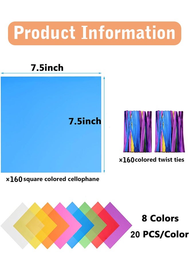 Lemon 160Pcs Cellophane Wrap, with 160 Pcs Metallic Twist Ties, 8 Multi-Colors Colored Cellophane, 7.5x7.5 Inch Transparent Colored Plastic Wrap, Colored Cellophane Wrap,  DIY Arts Crafts Decorations  - Image 2