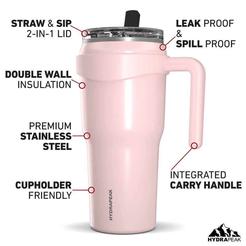 Hydrapeak Roadster 40oz Stainless Steel Tumbler Double Wall Vacuum Insulated Water Bottle With Handle And 2 in 1 Straw Lid (Seashell) - Image 2